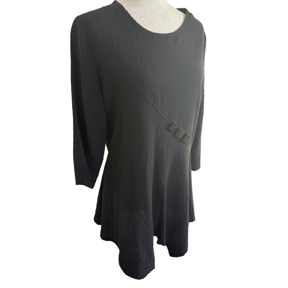 Yushi Tunic Top ~M~Black Asymmetrical Hem 3/4 Slvs Lagenlook Artsy Made‎ in USA